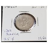 1950 25 Centavos From Mexico 30% Silver