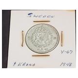 1948 TS 1 Krona From Sweden 40% Silver