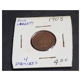 1903 Indian Head Cent Full Liberty 4 Diamonds