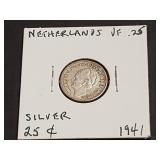 1941 25 Cents From The Netherlands 64% Silver