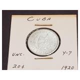 1920 20 Centavos From Cuba 90% Silver High Grade