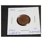 1904 Indian Head Cent Full Liberty 4 Diamonds