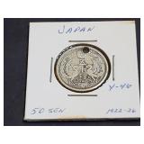 1922-26 50 Sen Holed From Japan 72% Silver
