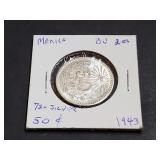 1943 50 Centavos From Mexico 72% Silver