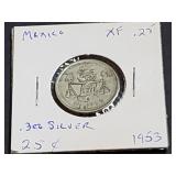 1953 25 Centavos From Mexico 30% Silver