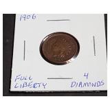 1906 Indian Head Cent Full Liberty 4 Diamonds