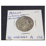 1950 50 Centavos From Mexico 30% Silver