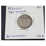 1942 20 Centavos  From Mexico 72% Silver