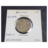 1950 25 Centavos From Mexico 30% Silver