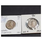 1964 & 1966 25 Centavos From Mexico