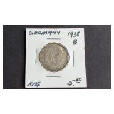 1938 B 2 Reichsmark Swastika Germany 62.5% Silver