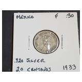 1933 20 Centavos From Mexico 72% Silver