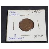 1906 Indian Head Cent Full Liberty 3 Diamonds