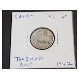 1942 20 Centavos From Mexico 72% Silver