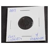 1889 Indian Head Cent Full Liberty 4 Diamonds