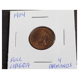 1904 Indian Head Cent Full Liberty 4 Diamonds