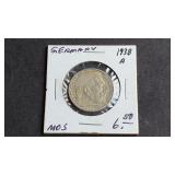 1938 A 2 Reichsmark Swastika Germany 62.5% Silver
