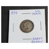 1874 Six Pence From Great Gritain 92.5% Silver