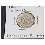 1951 25 Centavos From Mexico 30% Silver