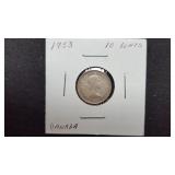 1953  10 Cents Elizabeth II From Canada 80% Silver