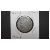 1871 A  2 Francs From France 83.5% Silver