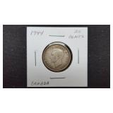 1944  25 Cents George VI From Canada 80% Silver
