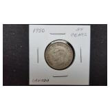 1950  25 Cents George VI From Canada 80% Silver