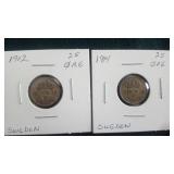 1912 & 1914 25 Ore From Sweden 60% Silver
