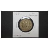 1951  50 Centavos From Mexico 30% Silver