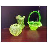 #270 • Uranium Glass Candy Basket and Ruffled Vases