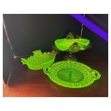 #275 • Uranium Glass bowl with basket Holder, Serving Dishes