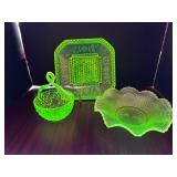 #300 • Flower Uranium Glass Plate, Ruffled Bowl, Candy Basket