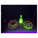 #338 • Uranium Fenton Custard Daisy Pattern Bell, Ruffle Candy Basket