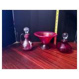 #339 • Mary Gregory Cranberry Wine Decanter, Ruby Red Perfume Bottle, and Trumpet shape Vase