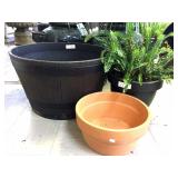 24" barrel, 12" clay & 15" planter & fern mum