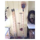 3 garden tools, 2 pecan pickers, baskets