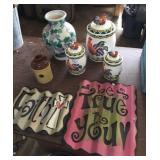 cannisters, vase, jug bird house, signs