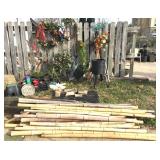 wreaths, metal stand, bamboo, rocks, meter box