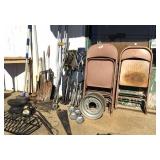 chairs, cooler, ice chest, handsaws, misc