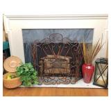 Fireplace screen & home decor on hearth