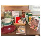Nest of bowls, small casserole & cookbooks