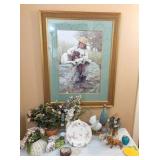 picture, figurines, & misc. household on table