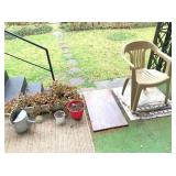 planters, bucket, marble slab 30x17 & plastic