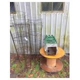 tomato frames, spool table, pet taxi & plant