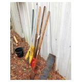 post hole digger, rake & chicken wire