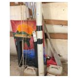 plastic saw horses, boat paddle & gas cans