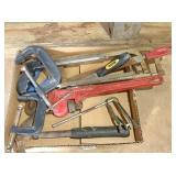 box of C-clamps, pipe wrench & hammer