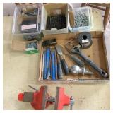 Small vise, chisels, screws & misc. shop items