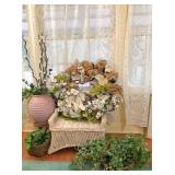 small wicker chair, wreath & arrangements