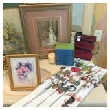 pictures, earrings, jewelry box & misc. items